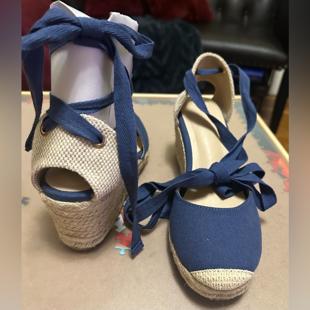 Navy and Tan Espadrille Wedge Sandals